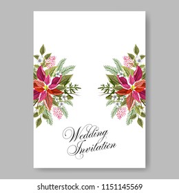 Poinsettia Wedding Invitation sample card beautiful winter floral ornament Christmas Party wreath poinsettia, pine branch fir tree, needle, flower bouquet Bridal shower ribbon template wording