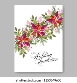 Poinsettia Wedding Invitation sample card beautiful winter floral ornament Christmas Party wreath poinsettia, pine branch fir tree, needle, flower bouquet Bridal shower ribbon template wording