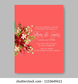 Poinsettia Wedding Invitation sample card beautiful winter floral ornament Christmas Party wreath poinsettia, pine branch fir tree, needle, flower bouquet Bridal shower ribbon template wording