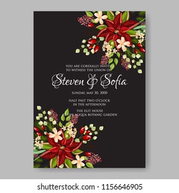 Poinsettia Wedding Invitation sample card beautiful winter floral ornament Christmas Party wreath poinsettia, pine branch fir tree, needle, flower bouquet Bridal shower ribbon template wording