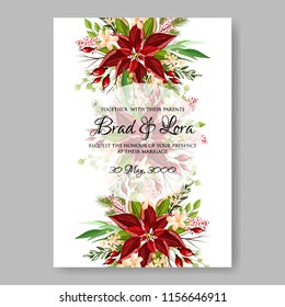 Poinsettia Wedding Invitation sample card beautiful winter floral ornament Christmas Party wreath poinsettia, pine branch fir tree, needle, flower bouquet Bridal shower ribbon template wording