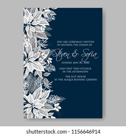 Poinsettia Wedding Invitation sample card beautiful winter floral ornament Christmas Party wreath poinsettia, pine branch fir tree, needle, flower bouquet Bridal shower ribbon template wording