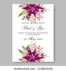 Poinsettia Wedding Invitation sample card beautiful winter floral ornament Christmas Party wreath poinsettia, pine branch fir tree, needle, flower bouquet Bridal shower ribbon template wording