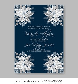 Poinsettia Wedding Invitation sample card beautiful winter floral ornament Christmas Party wreath poinsettia, pine branch fir tree, needle, flower bouquet Bridal shower ribbon template wording