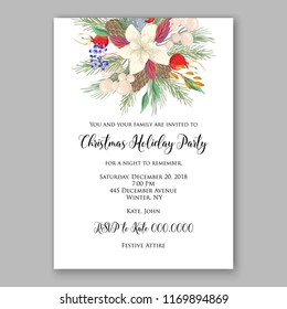 Poinsettia Wedding Invitation sample card beautiful winter floral ornament Christmas Party wreath poinsettia, pine branch fir tree, needle, flower bouquet Bridal shower ribbon template wording