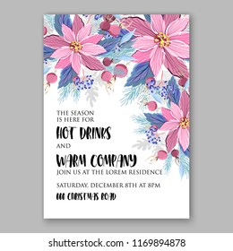 Poinsettia Wedding Invitation sample card beautiful winter floral ornament Christmas Party wreath poinsettia, pine branch fir tree, needle, flower bouquet Bridal shower ribbon template wording