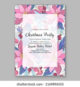 Poinsettia Wedding Invitation sample card beautiful winter floral ornament Christmas Party wreath poinsettia, pine branch fir tree, needle, flower bouquet Bridal shower ribbon template wording