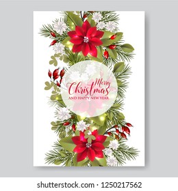 Poinsettia Wedding Invitation sample card beautiful winter floral ornament Christmas Party wreath poinsettia, pine branch fir tree, needle, flower bouquet Bridal shower ribbon template wording