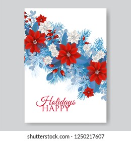 Poinsettia Wedding Invitation sample card beautiful winter floral ornament Christmas Party wreath poinsettia, pine branch fir tree, needle, flower bouquet Bridal shower ribbon template wording
