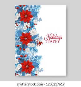 Poinsettia Wedding Invitation sample card beautiful winter floral ornament Christmas Party wreath poinsettia, pine branch fir tree, needle, flower bouquet Bridal shower ribbon template wording