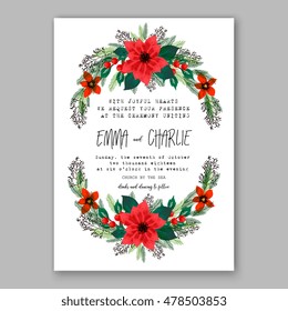 Poinsettia Wedding Invitation sample card beautiful winter floral ornament Christmas Party wreath poinsettia, pine branch fir tree, needle, flower bouquet Bridal shower complimentary template wording
