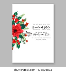 Poinsettia Wedding Invitation sample card beautiful winter floral ornament Christmas Party wreath poinsettia, pine branch fir tree, needle, flower bouquet Bridal shower complimentary template wording