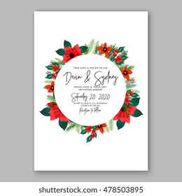 Poinsettia Wedding Invitation sample card beautiful winter floral ornament Christmas Party wreath poinsettia, pine branch fir tree, needle, flower bouquet Bridal shower complimentary template wording