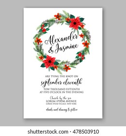 Poinsettia Wedding Invitation sample card beautiful winter floral ornament Christmas Party wreath poinsettia, pine branch fir tree, needle, flower bouquet Bridal shower complimentary template wording