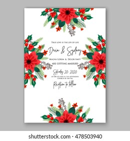 Poinsettia Wedding Invitation sample card beautiful winter floral ornament Christmas Party wreath poinsettia, pine branch fir tree, needle, flower bouquet Bridal shower complimentary template wording