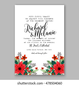 Poinsettia Wedding Invitation sample card beautiful winter floral ornament Christmas Party wreath poinsettia, pine branch fir tree, needle, flower bouquet Bridal shower complimentary template wording