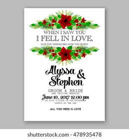 Poinsettia Wedding Invitation sample card beautiful winter floral ornament Christmas Party wreath poinsettia, pine branch fir tree, needle, flower bouquet Bridal shower complimentary template wording