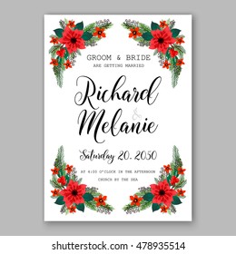 Poinsettia Wedding Invitation sample card beautiful winter floral ornament Christmas Party wreath poinsettia, pine branch fir tree, needle, flower bouquet Bridal shower complimentary template wording