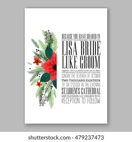 Poinsettia Wedding Invitation sample card beautiful winter floral ornament Christmas Party wreath poinsettia, pine branch fir tree, needle, flower bouquet Bridal shower ribbon template wording