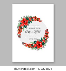 Poinsettia Wedding Invitation sample card beautiful winter floral ornament Christmas Party wreath poinsettia, pine branch fir tree, needle, flower bouquet Bridal shower ribbon template wording