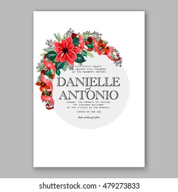 Poinsettia Wedding Invitation sample card beautiful winter floral ornament Christmas Party wreath poinsettia, pine branch fir tree, needle, flower bouquet Bridal shower ribbon template wording