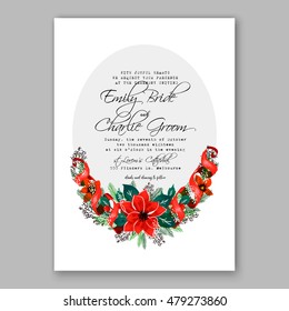 Poinsettia Wedding Invitation sample card beautiful winter floral ornament Christmas Party wreath poinsettia, pine branch fir tree, needle, flower bouquet Bridal shower ribbon template wording