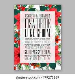 Poinsettia Wedding Invitation sample card beautiful winter floral ornament Christmas Party wreath poinsettia, pine branch fir tree, needle, flower bouquet Bridal shower ribbon template wording