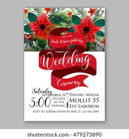 Poinsettia Wedding Invitation sample card beautiful winter floral ornament Christmas Party wreath poinsettia, pine branch fir tree, needle, flower bouquet Bridal shower ribbon template wording