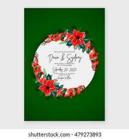 Poinsettia Wedding Invitation sample card beautiful winter floral ornament Christmas Party wreath poinsettia, pine branch fir tree, needle, flower bouquet Bridal shower ribbon template wording