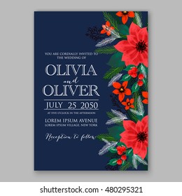 Poinsettia Wedding Invitation sample card beautiful winter floral ornament Christmas Party wreath poinsettia, pine branch fir tree, needle, flower bouquet Bridal shower ribbon template wording
