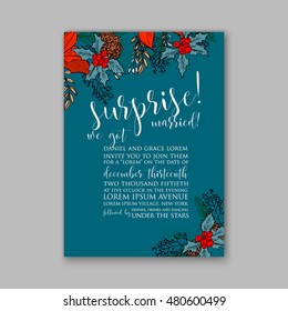 Poinsettia Wedding Invitation sample card beautiful winter floral ornament Christmas Party wreath poinsettia, pine branch fir tree, needle, flower bouquet Bridal shower complimentary template wording 