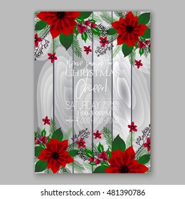 Poinsettia Wedding Invitation sample card beautiful winter floral ornament Christmas Party wreath poinsettia, pine branch fir tree, needle  Bridal shower ribbon template wording on wooden background 