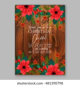 Poinsettia Wedding Invitation sample card beautiful winter floral ornament Christmas Party wreath poinsettia, pine branch fir tree, needle  Bridal shower ribbon template wording on wooden background 