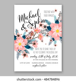 Poinsettia Wedding Invitation sample card beautiful winter floral ornament Christmas Party wreath poinsettia, pine branch fir tree, needle, flower bouquet Bridal shower ribbon template wording
