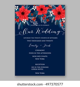 Poinsettia Wedding Invitation sample card beautiful winter floral ornament Christmas Party wreath poinsettia, pine branch fir tree, needle, flower bouquet Bridal shower ribbon template wording