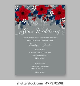 Poinsettia Wedding Invitation sample card beautiful winter floral ornament Christmas Party wreath poinsettia, pine branch fir tree, needle, flower bouquet Bridal shower ribbon template wording
