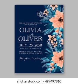 Poinsettia Wedding Invitation sample card beautiful winter floral ornament Christmas Party wreath poinsettia, pine branch fir tree, needle, flower bouquet Bridal shower ribbon template wording