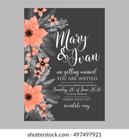 Poinsettia Wedding Invitation sample card beautiful winter floral ornament Christmas Party wreath poinsettia, pine branch fir tree, needle, flower bouquet Bridal shower ribbon template wording