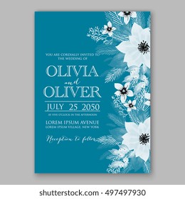 Poinsettia Wedding Invitation sample card beautiful winter floral ornament Christmas Party wreath poinsettia, pine branch fir tree, needle, flower bouquet Bridal shower ribbon template wording