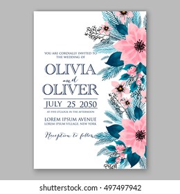 Poinsettia Wedding Invitation sample card beautiful winter floral ornament Christmas Party wreath poinsettia, pine branch fir tree, needle, flower bouquet Bridal shower ribbon template wording