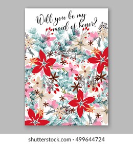 Poinsettia Wedding Invitation sample card beautiful winter floral ornament Christmas Party wreath poinsettia, pine branch fir tree, needle, flower bouquet Bridal shower ribbon template wording