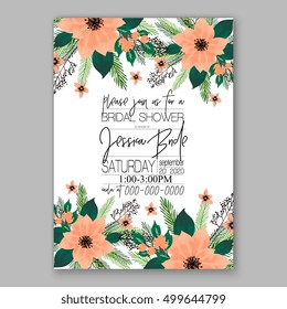 Poinsettia Wedding Invitation sample card beautiful winter floral ornament Christmas Party wreath poinsettia, pine branch fir tree, needle, flower bouquet Bridal shower ribbon template wording