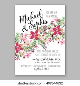 Poinsettia Wedding Invitation sample card beautiful winter floral ornament Christmas Party wreath poinsettia, pine branch fir tree, needle, flower bouquet Bridal shower ribbon template wording