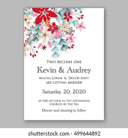 Poinsettia Wedding Invitation sample card beautiful winter floral ornament Christmas Party wreath poinsettia, pine branch fir tree, needle, flower bouquet Bridal shower ribbon template wording