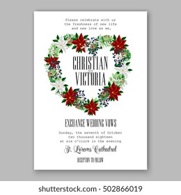 Poinsettia Wedding Invitation sample card beautiful winter floral ornament Christmas Party wreath poinsettia, pine branch fir tree, needle, mason jar bouquet Bridal shower ribbon template wording