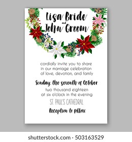 Poinsettia Wedding Invitation sample card beautiful winter floral ornament Christmas Party wreath poinsettia, pine branch fir tree, needle, flower bouquet Bridal shower ribbon template wording