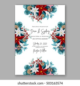 Poinsettia Wedding Invitation sample card beautiful winter floral ornament Christmas Party wreath poinsettia, pine branch fir tree, needle, flower bouquet Bridal shower ribbon template wording