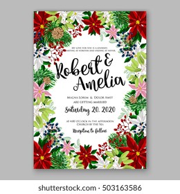 Poinsettia Wedding Invitation sample card beautiful winter floral ornament Christmas Party wreath poinsettia, pine branch fir tree, needle, flower bouquet Bridal shower ribbon template wording