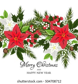 Poinsettia Wedding Invitation sample card beautiful winter floral ornament Christmas Party wreath poinsettia, pine branch fir tree, needle, mason jar bouquet Bridal shower ribbon template wording