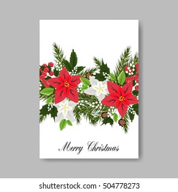 Poinsettia Wedding Invitation sample card beautiful winter floral ornament Christmas Party wreath poinsettia, pine branch fir tree, needle, mason jar bouquet Bridal shower ribbon template wording